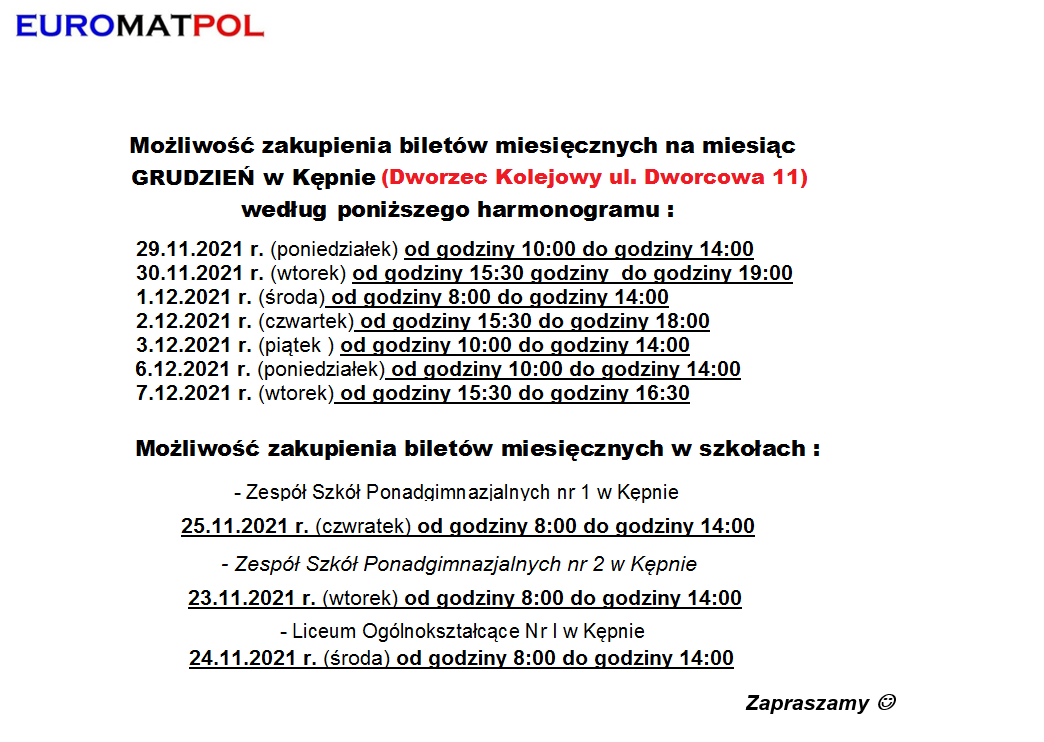 Harmonogram sprzedaży biletów miesięcznych w Powiecie Ostrzeszowskim