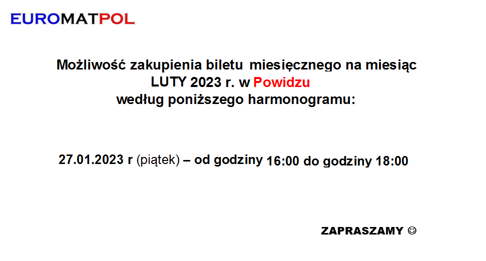  Harmonogram sprzedaży biletów miesięcznych na LUTY 2023r. w Powidzu