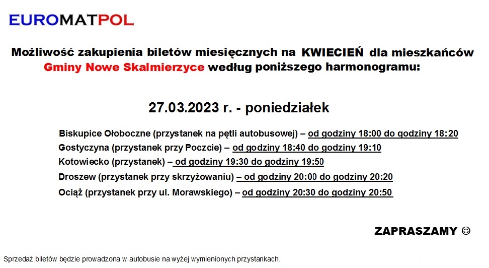  Harmonogram sprzedaży biletów miesięcznych na KWIECIEŃ 2023r. dla mieszkańców Gminy Nowe Skalmierzyce