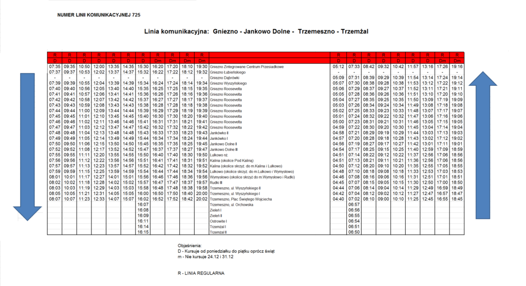 Przedstawiamy Państwu rozkład jazdy linii 725 Gniezno - Jankowo Dolne - Trzemeszno - Trzemżal obowiązujący od 26.02.2024 r.